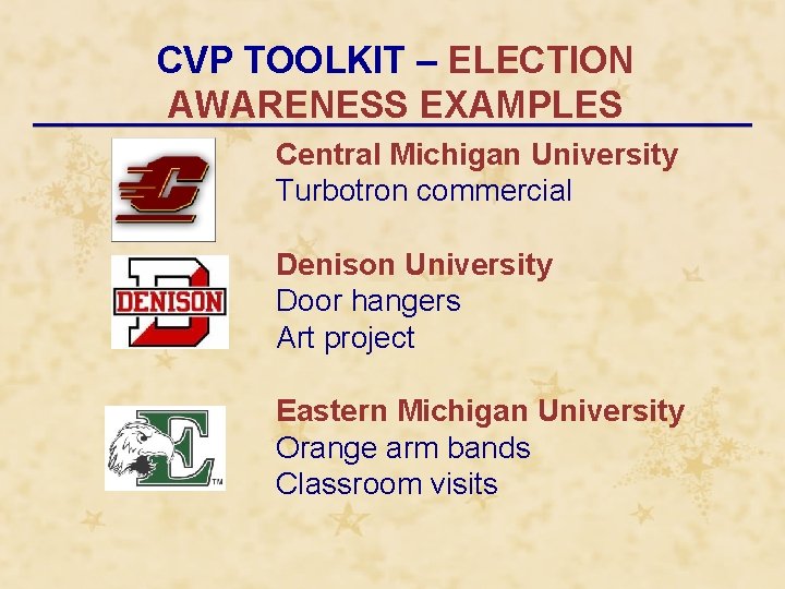 CVP TOOLKIT – ELECTION AWARENESS EXAMPLES Central Michigan University Turbotron commercial Denison University Door
