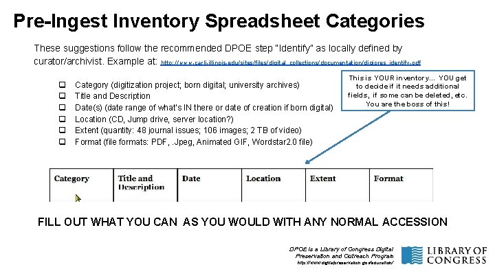 Pre-Ingest Inventory Spreadsheet Categories These suggestions follow the recommended DPOE step “Identify” as locally