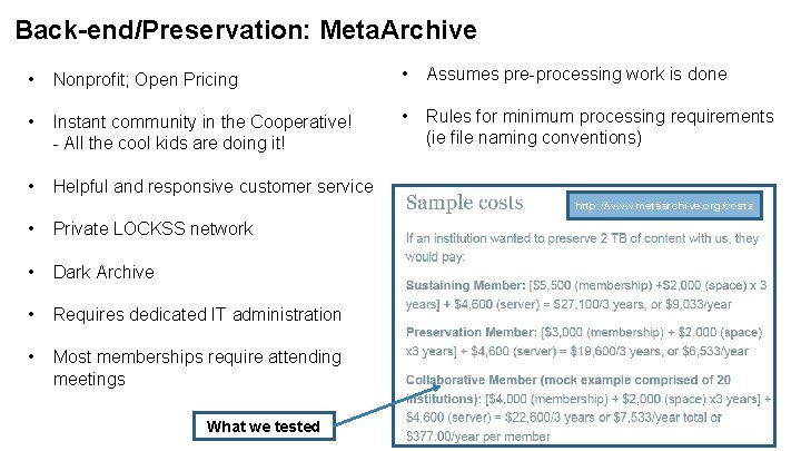 Back-end/Preservation: Meta. Archive • Nonprofit; Open Pricing • Assumes pre-processing work is done •