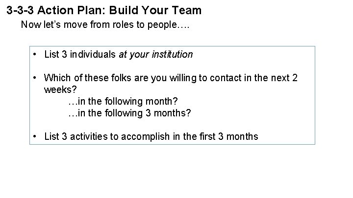 3 -3 -3 Action Plan: Build Your Team Now let’s move from roles to