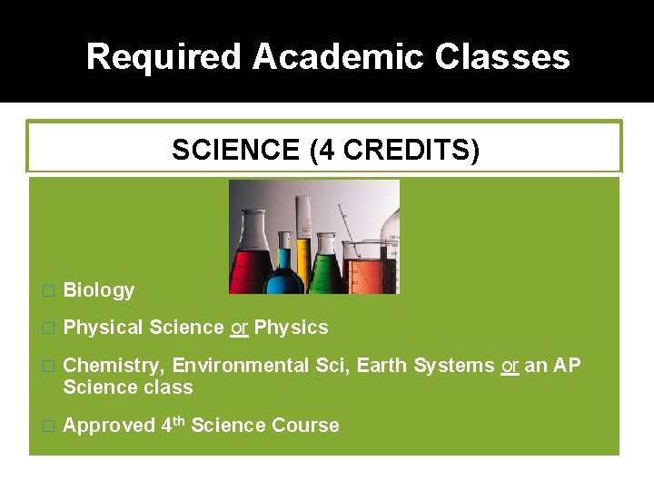 Required Academic Classes SCIENCE (4 CREDITS) � Biology � Physical Science or Physics �