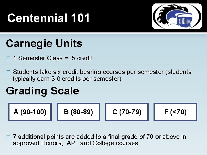 Centennial 101 Carnegie Units � 1 Semester Class =. 5 credit � Students take