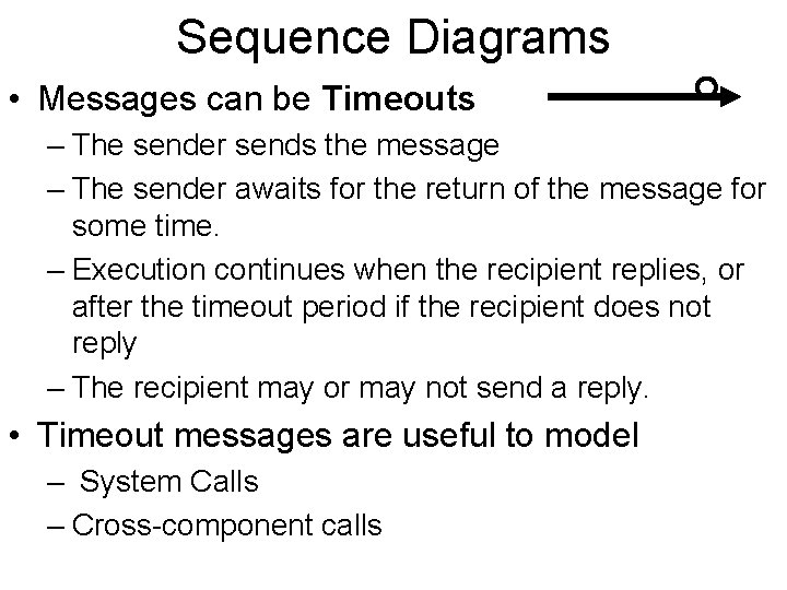 Sequence Diagrams • Messages can be Timeouts – The sender sends the message –