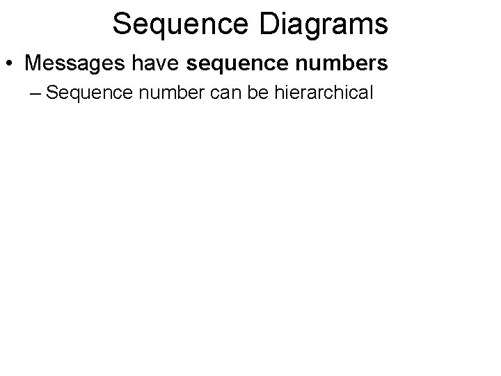 Sequence Diagrams • Messages have sequence numbers – Sequence number can be hierarchical 