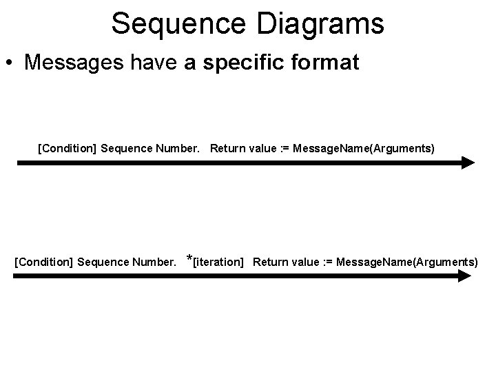Sequence Diagrams • Messages have a specific format [Condition] Sequence Number. Return value :