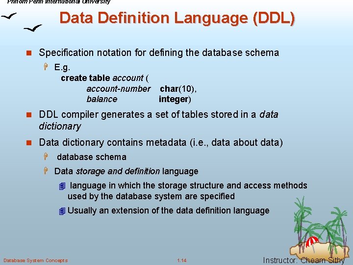 Phnom Penh International University Data Definition Language (DDL) n Specification notation for defining the