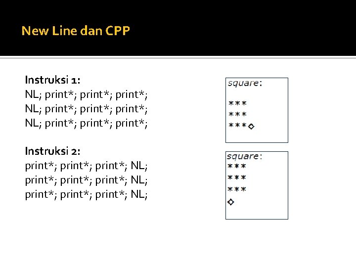 New Line dan CPP Instruksi 1: NL; print*; print*; NL; print*; Instruksi 2: print*;