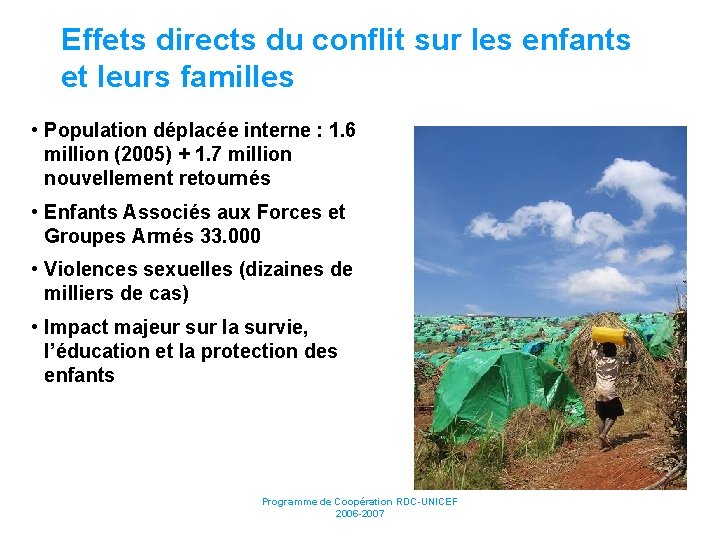 Effets directs du conflit sur les enfants et leurs familles • Population déplacée interne