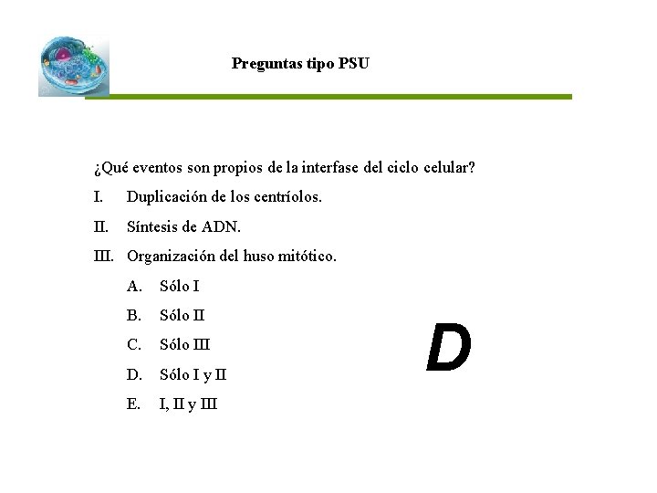 Preguntas tipo PSU ¿Qué eventos son propios de la interfase del ciclo celular? I.