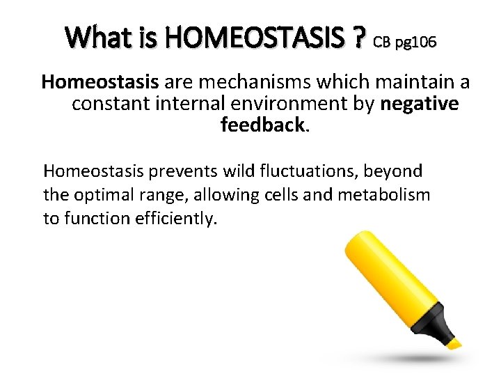 What is HOMEOSTASIS ? CB pg 106 Homeostasis are mechanisms which maintain a constant