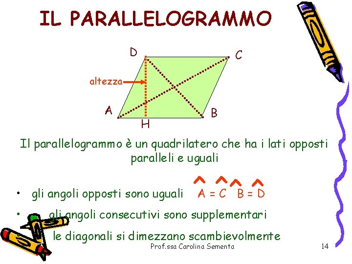 IL PARALLELOGRAMMO D C altezza A B H Il parallelogrammo è un quadrilatero che