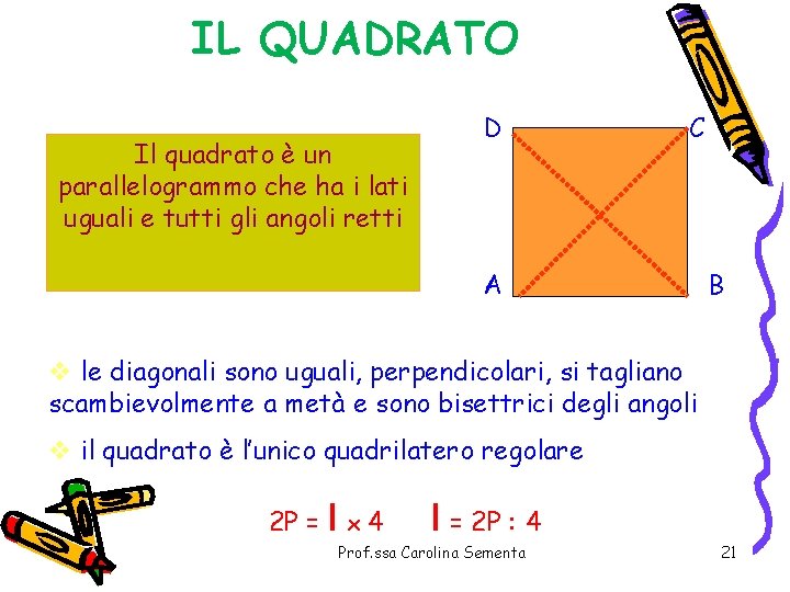 IL QUADRATO Il quadrato è un parallelogrammo che ha i lati uguali e tutti