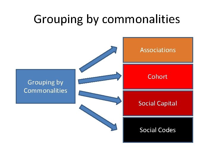 Grouping by commonalities Associations Grouping by Commonalities Cohort Social Capital Social Codes 