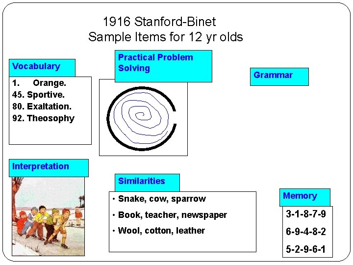 1916 Stanford-Binet Sample Items for 12 yr olds Vocabulary Practical Problem Solving 1. Orange.