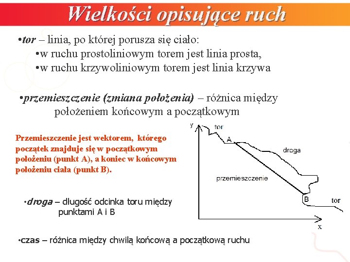 Wielkości opisujące ruch • tor – linia, po której porusza się ciało: • w