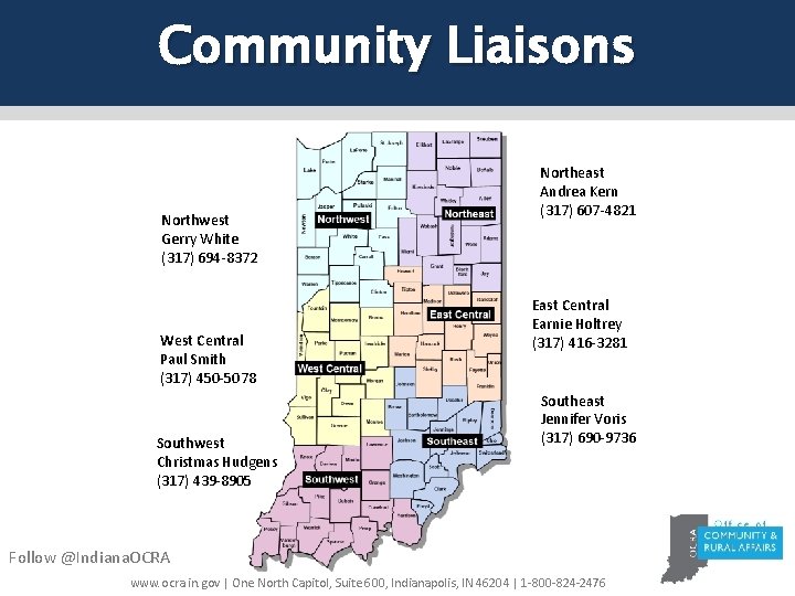 Community Liaisons Northwest Gerry White (317) 694 -8372 West Central Paul Smith (317) 450