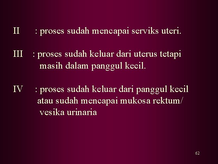 II : proses sudah mencapai serviks uteri. III : proses sudah keluar dari uterus II : proses sudah mencapai serviks uteri. III : proses sudah keluar dari uterus
