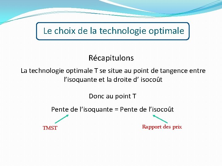 Le choix de la technologie optimale Récapitulons La technologie optimale T se situe au