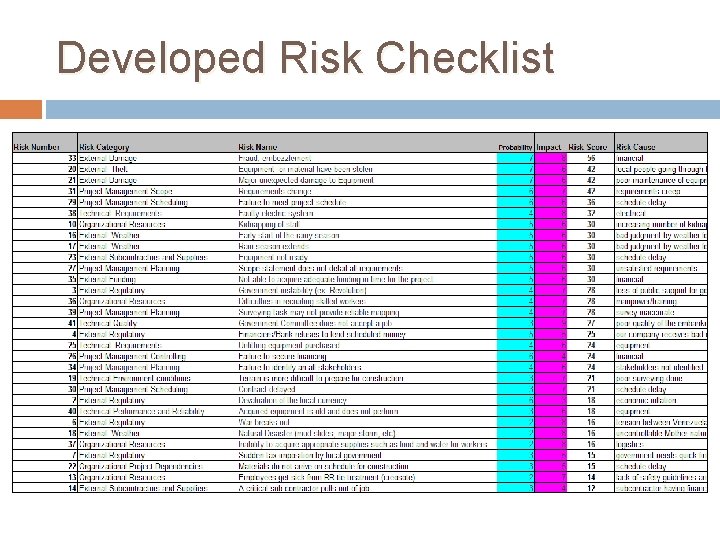 Developed Risk Checklist 