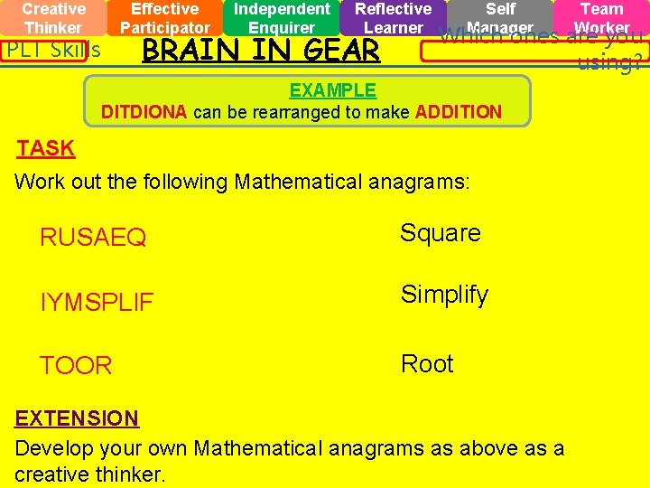 Creative Thinker PLT Skills Effective Participator Independent Enquirer Reflective Learner BRAIN IN GEAR Self Creative Thinker PLT Skills Effective Participator Independent Enquirer Reflective Learner BRAIN IN GEAR Self