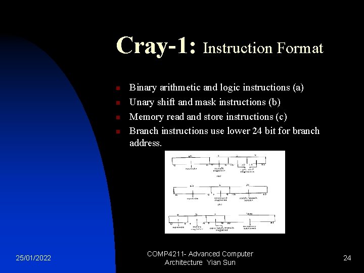 Cray-1: Instruction Format n n 25/01/2022 Binary arithmetic and logic instructions (a) Unary shift