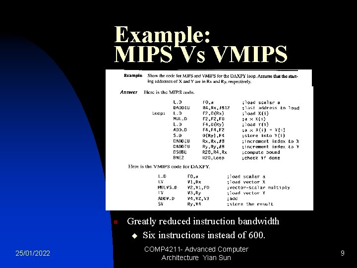 Example: MIPS Vs VMIPS n 25/01/2022 Greatly reduced instruction bandwidth u Six instructions instead