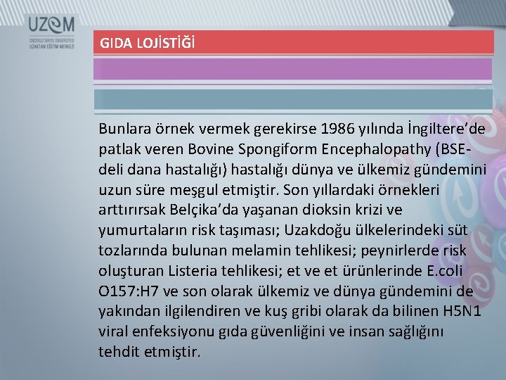 GIDA LOJİSTİĞİ Bunlara örnek vermek gerekirse 1986 yılında İngiltere’de patlak veren Bovine Spongiform Encephalopathy