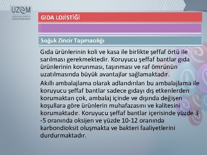 GIDA LOJİSTİĞİ Soğuk Zincir Taşımacılığı Gıda ürünlerinin koli ve kasa ile birlikte şeffaf örtü