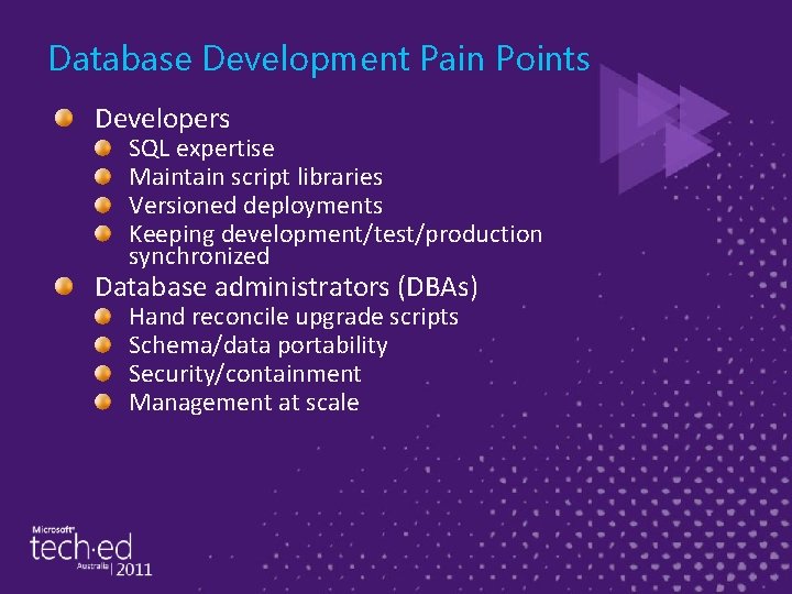 Database Development Pain Points Developers SQL expertise Maintain script libraries Versioned deployments Keeping development/test/production