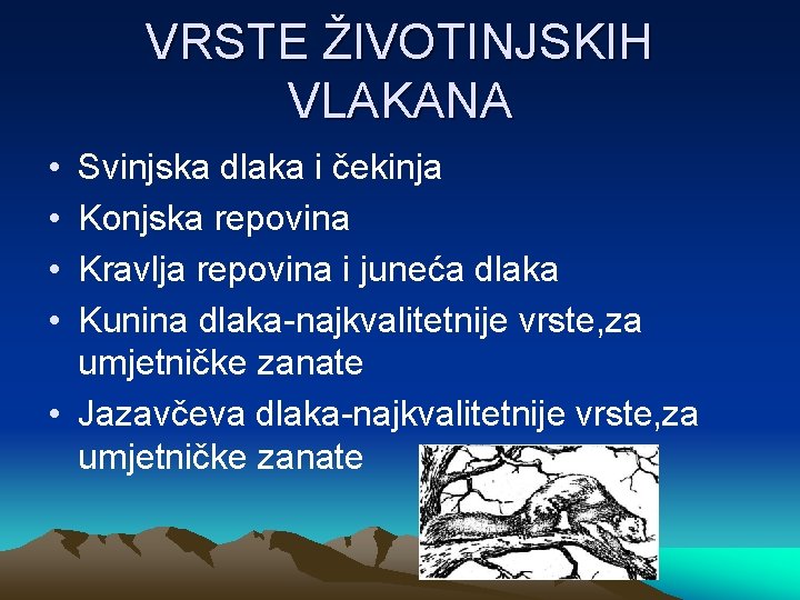 VRSTE ŽIVOTINJSKIH VLAKANA • • Svinjska dlaka i čekinja Konjska repovina Kravlja repovina i