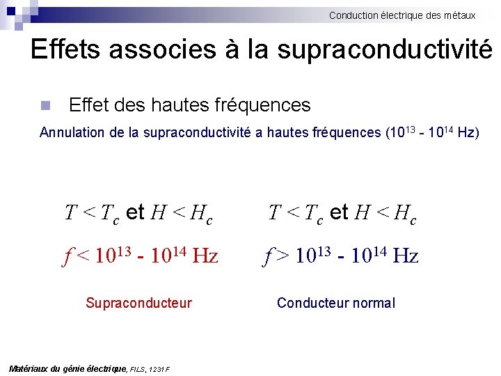 Conduction électrique des métaux Effets associes à la supraconductivité n Effet des hautes fréquences