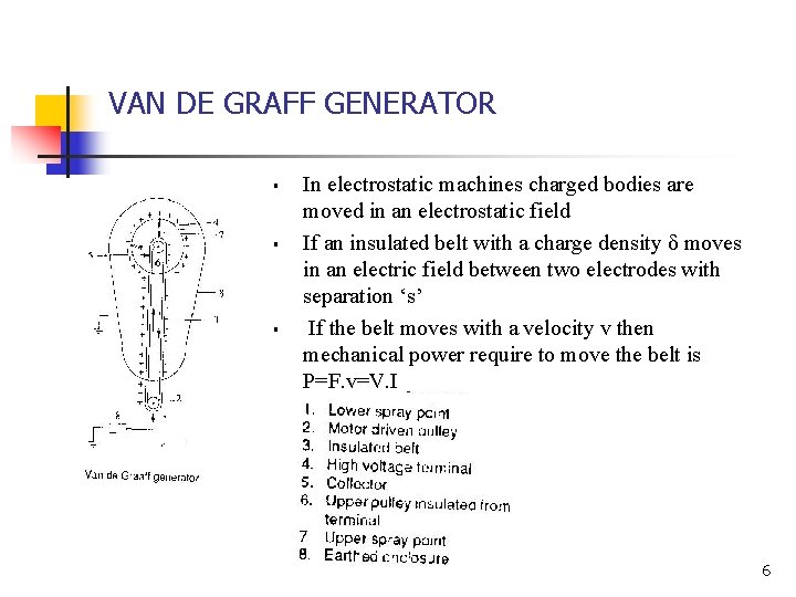VAN DE GRAFF GENERATOR § § § In electrostatic machines charged bodies are moved