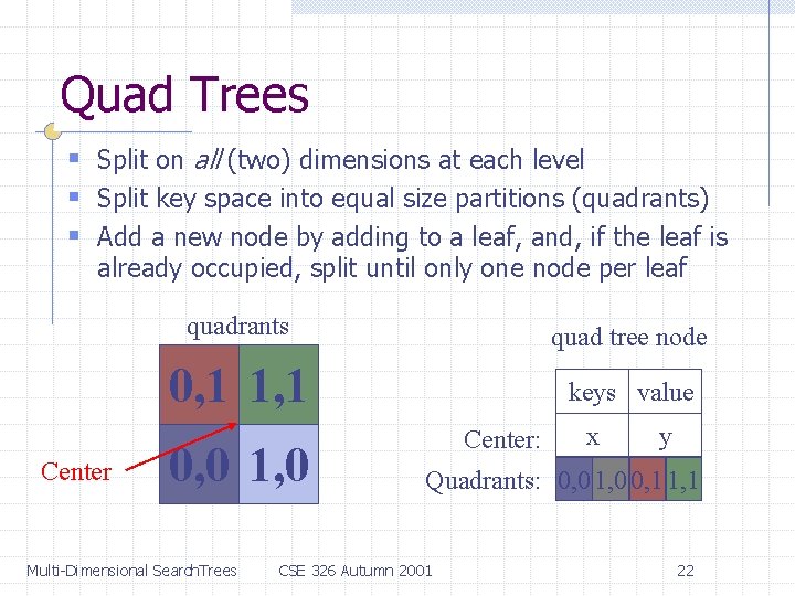 Quad Trees § Split on all (two) dimensions at each level § Split key