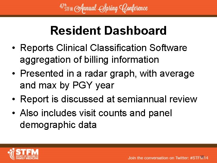 Resident Dashboard • Reports Clinical Classification Software aggregation of billing information • Presented in