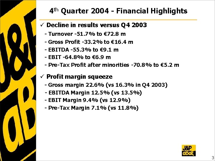 4 th Quarter 2004 - Financial Highlights ü Decline in results versus Q 4