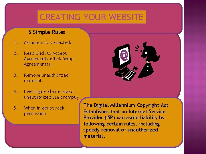 CREATING YOUR WEBSITE 5 Simple Rules 1. Assume it is protected. 2. Read Click