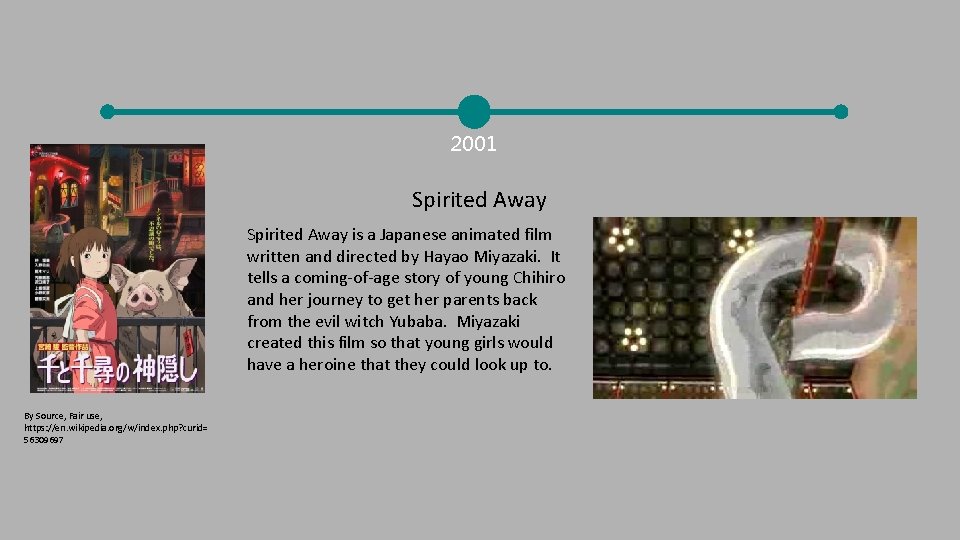 2001 Spirited Away is a Japanese animated film written and directed by Hayao Miyazaki.