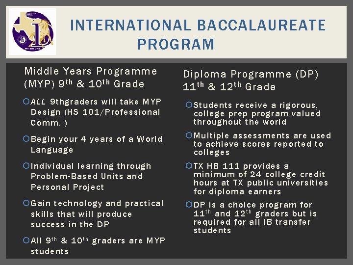 INTERNATIONAL BACCALAUREATE PROGRAM Middle Years Programme (MYP) 9 t h & 10 t h