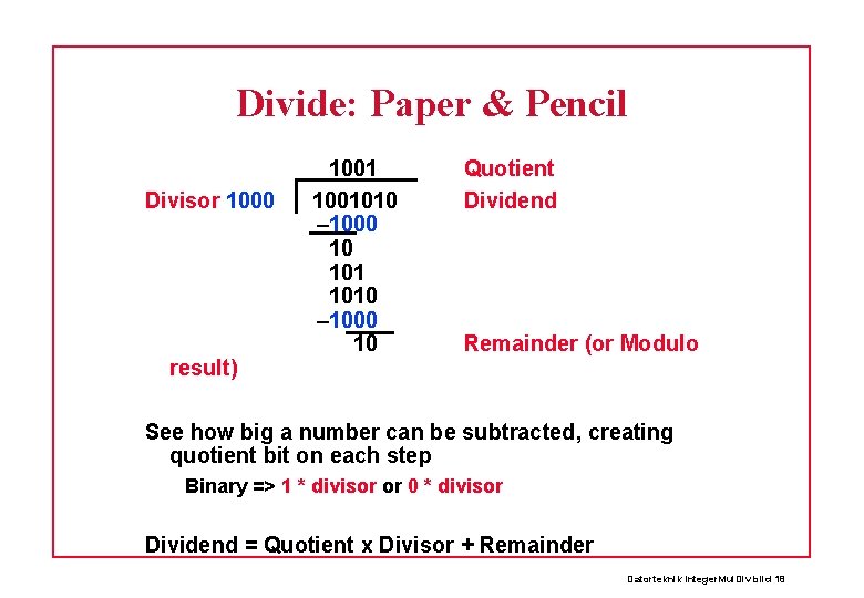 Divide: Paper & Pencil Divisor 1000 result) 1001010 – 1000 10 Quotient Dividend Remainder