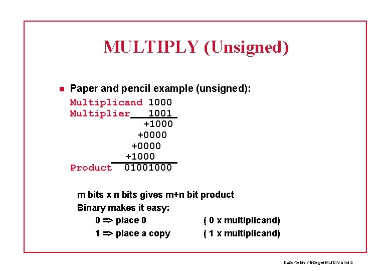 MULTIPLY (Unsigned) Paper and pencil example (unsigned): Multiplicand 1000 Multiplier 1001 +1000 +0000 +1000