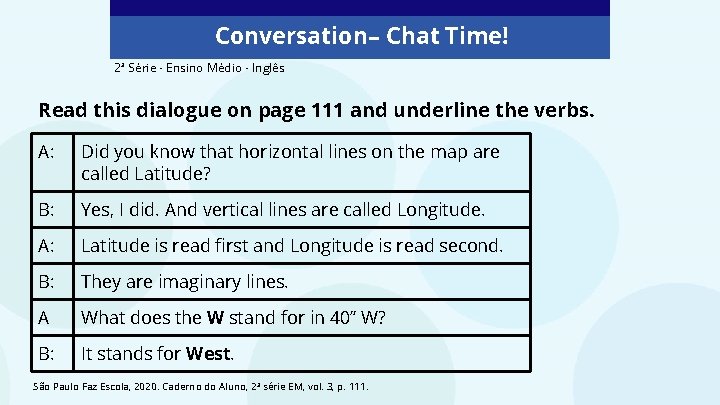 Conversation – Chat Time! 2ª Série - Ensino Médio - Inglês Read this dialogue