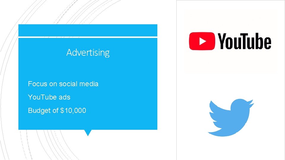 Advertising § Focus on social media § You. Tube ads § Budget of $10,