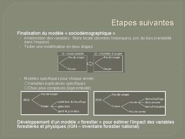 Etapes suivantes � Finalisation du modèle « sociodémographique » • Amélioration des variables: filière