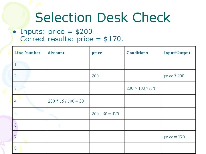 Selection Desk Check • Inputs: price = $200 Correct results: price = $170. Line