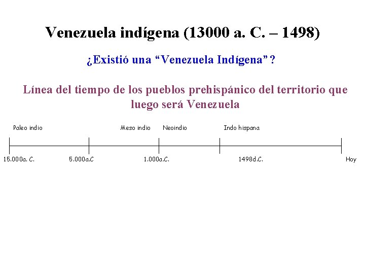 Venezuela indígena (13000 a. C. – 1498) ¿Existió una “Venezuela Indígena”? Línea del tiempo