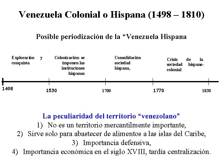 Venezuela Colonial o Hispana (1498 – 1810) Posible periodización de la “Venezuela Hispana Exploración