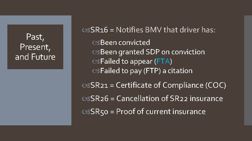 Past, Present, and Future SR 16 = Notifies BMV that driver has: Been convicted