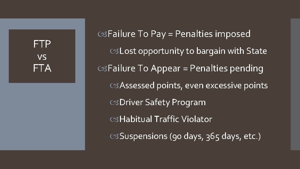 FTP vs FTA Failure To Pay = Penalties imposed Lost opportunity to bargain with