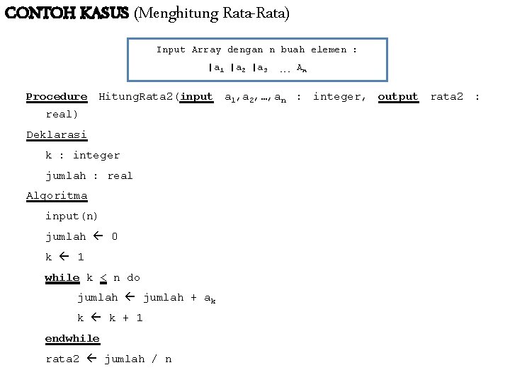 CONTOH KASUS (Menghitung Rata-Rata) Input Array dengan n buah elemen : |a 1 |a