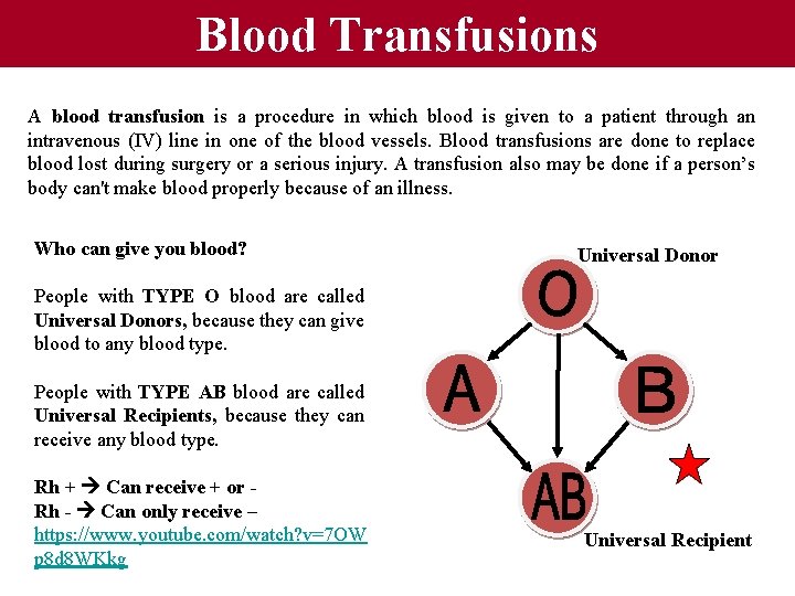 Blood Transfusions A blood transfusion is a procedure in which blood is given to